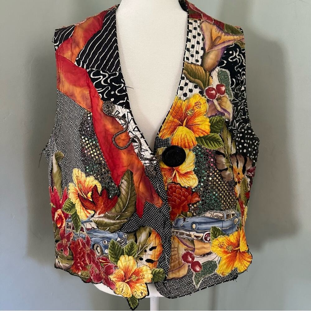 Women’s Patchwork Vest, Reversible, Floral, Mixed Media, Handmade, Art to Wear